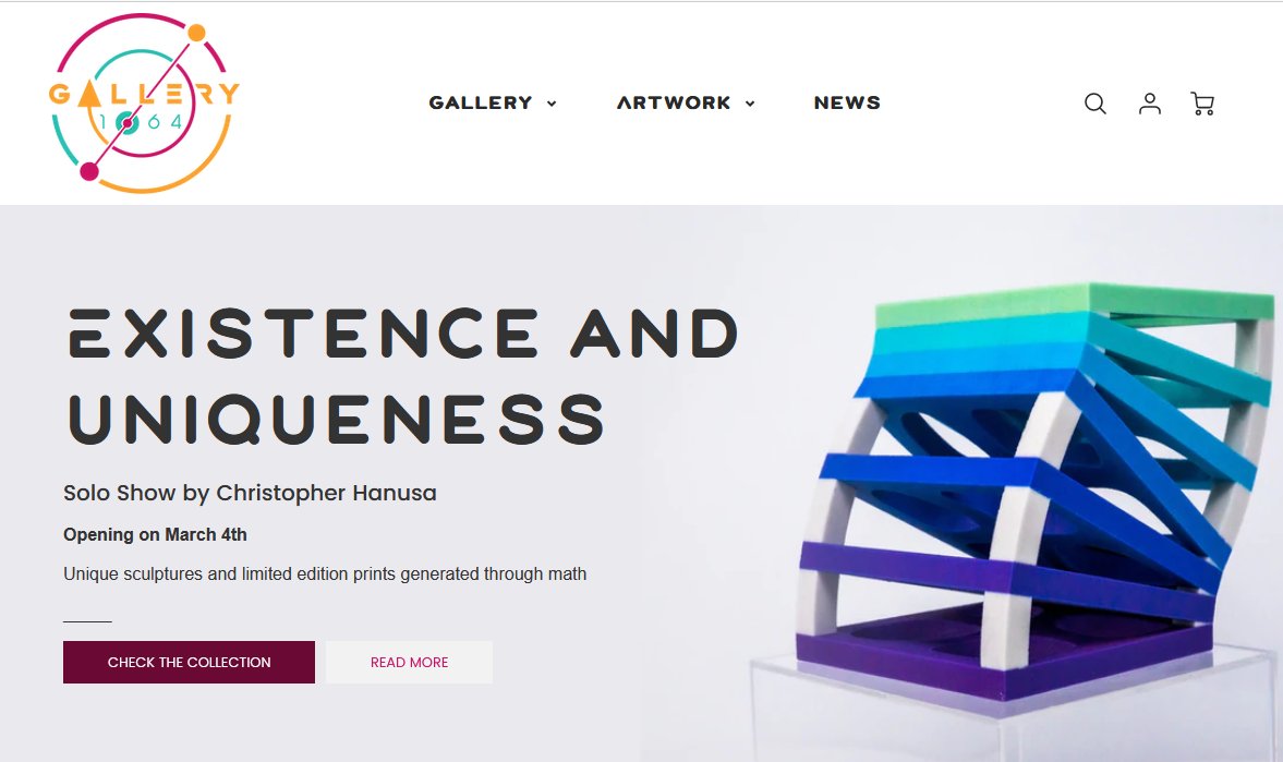 The Gallery 1064 website announcing Existence and Uniqueness, a solo show by Christopher Hanusa opening March 4th, with a sculpture of stacked blue and green slabs