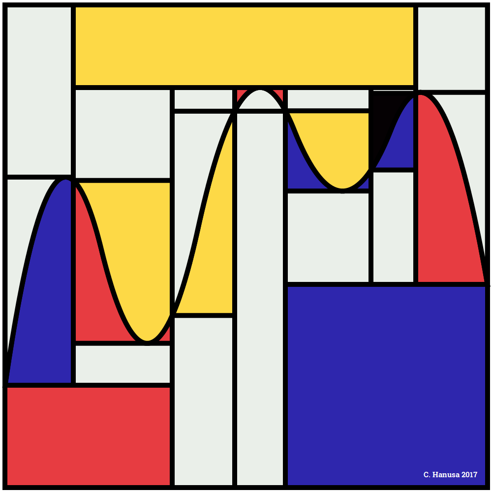 Riemondrian: a Mondrian-style grid of red, yellow, blue, and white rectangles, with a wavy curve whose Riemann sum rectangles form the grid