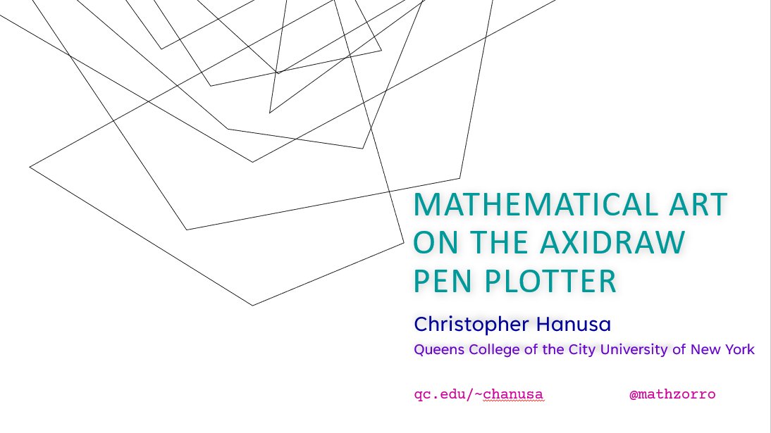 Title slide reading Mathematical Art on the AxiDraw Pen Plotter, Christopher Hanusa, Queens College of the City University of New York